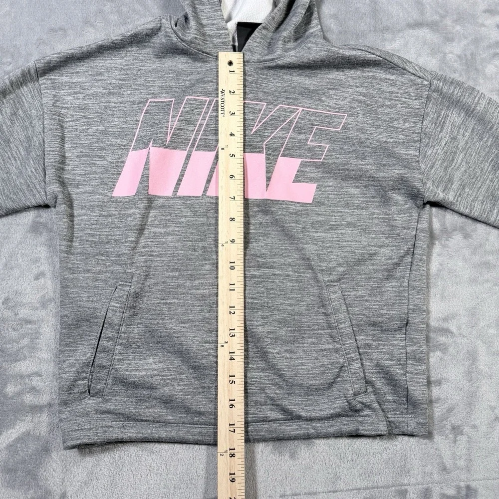 Nike Dri-Fit Hoodie Womens Medium Gray Pink Spellout Loose Fit Cropped Pullover